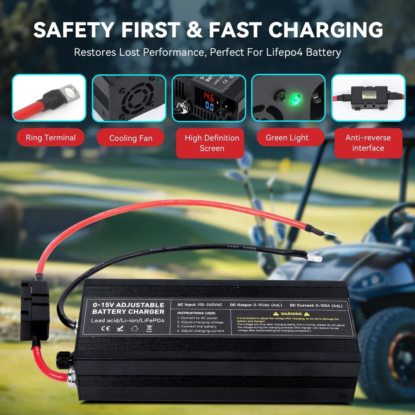 12V 60A 100Ah Solar Large Charger Current Voltage Adjustable for Lifepo4 Universal Chargers Outdoor power supply
