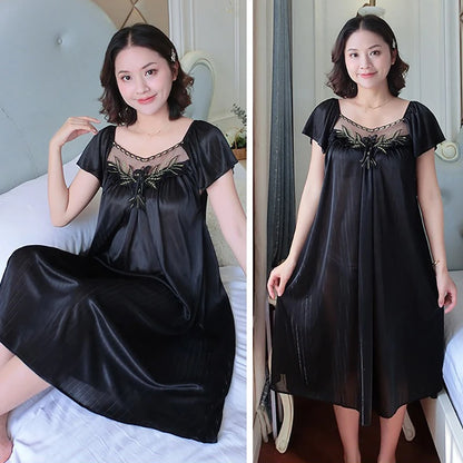 Women's Nightdress Loungewear Ladies Ice Silk Nightgowns Sleeping Dress Medium Length Short Sleeve Home Wear Pyjama Sleepwear