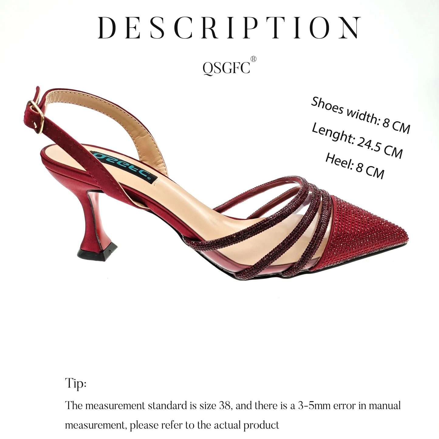 QSGFC African Women's Fashion Crystal Square Button Pointed High Heels Water Diamond Shiny Wine Color Sandal Bag Set