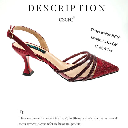 QSGFC African Women's Fashion Crystal Square Button Pointed High Heels Water Diamond Shiny Wine Color Sandal Bag Set