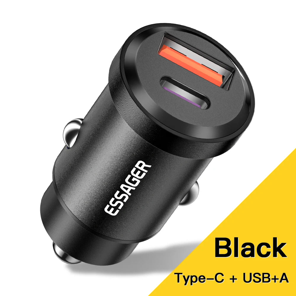 Essager USB Car Charger Quick Charge 4.0 QC4.0 PD3.0 SCP 5A Type C 30W Fast Car USB Charger For iPhone 13 12 Xiaomi Mobile Phone