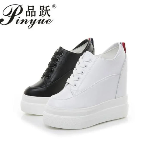 Genuine leather 10cm Increase Flat Platform Shoes Female Thick Sole Students Casual Shoes Woman  Lace Up Solid   Women Shoes