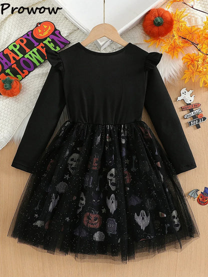 Prowow 2-8Y Kids Purple Halloween Dresses For Girls Long Sleeve Princess Mesh Spooky Spider Dress Children Halloween Costumes
