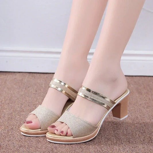 women's sandals summer 2024 Ladies Sequin Fabric High Heels Buckle Cool woman sandals Summer Casual Open Toe slippers Ladies