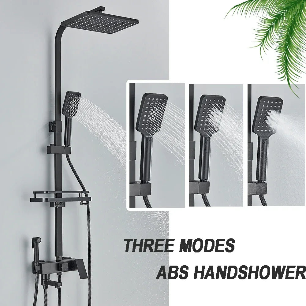 Chrome Brass Shower Faucet Set Rainfall Bathtub Tap With Bathroom Shelf 4 Function Height Adjust Shower Mixer Crane Fast Delivey