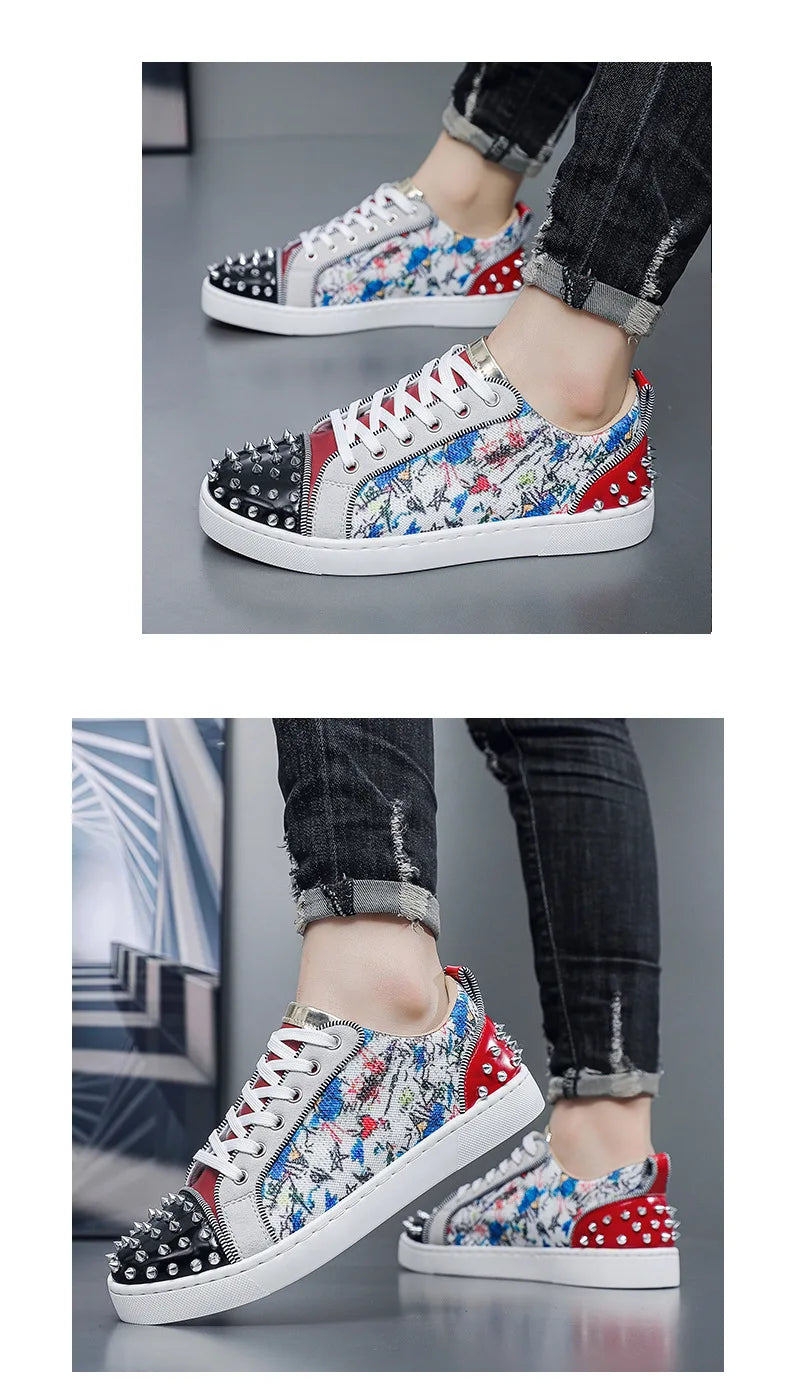 New Fashion Silver Trainers Glitter Spiky Shoes Men Lace Up Sneakers Low Top Shoes Red Sole Man Designer Sneaker With Spikes