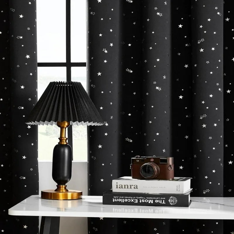 1pc Blackout Curtain, Solid Color With Metallic Star Pattern, Polyester Blend, Room Darkening, Thermal Insulated, UV Blocking Fo