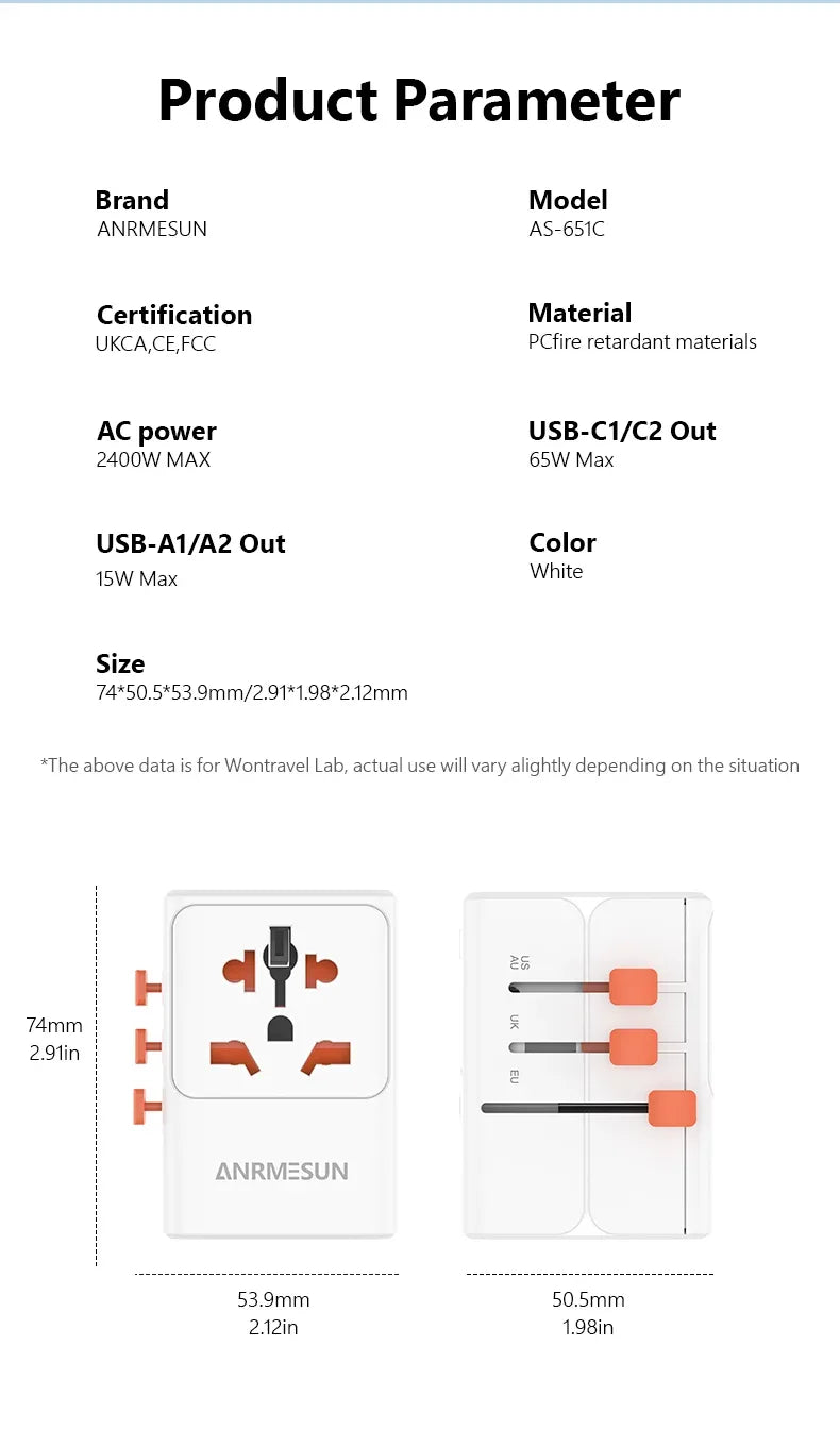 ANRMESUN 65W GaN Universal Travel Adapter with 2 USB 2 Type C Fast Charging All-in-one Travel Charger EU/UK/USA/AUS for Travel