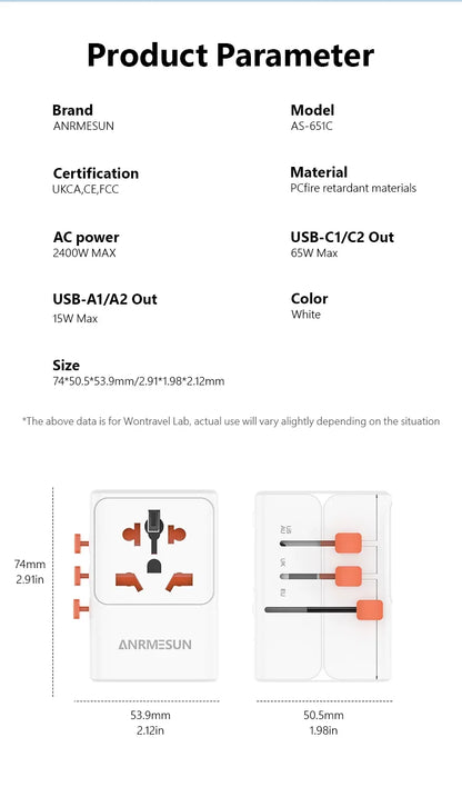 ANRMESUN 65W GaN Universal Travel Adapter with 2 USB 2 Type C Fast Charging All-in-one Travel Charger EU/UK/USA/AUS for Travel