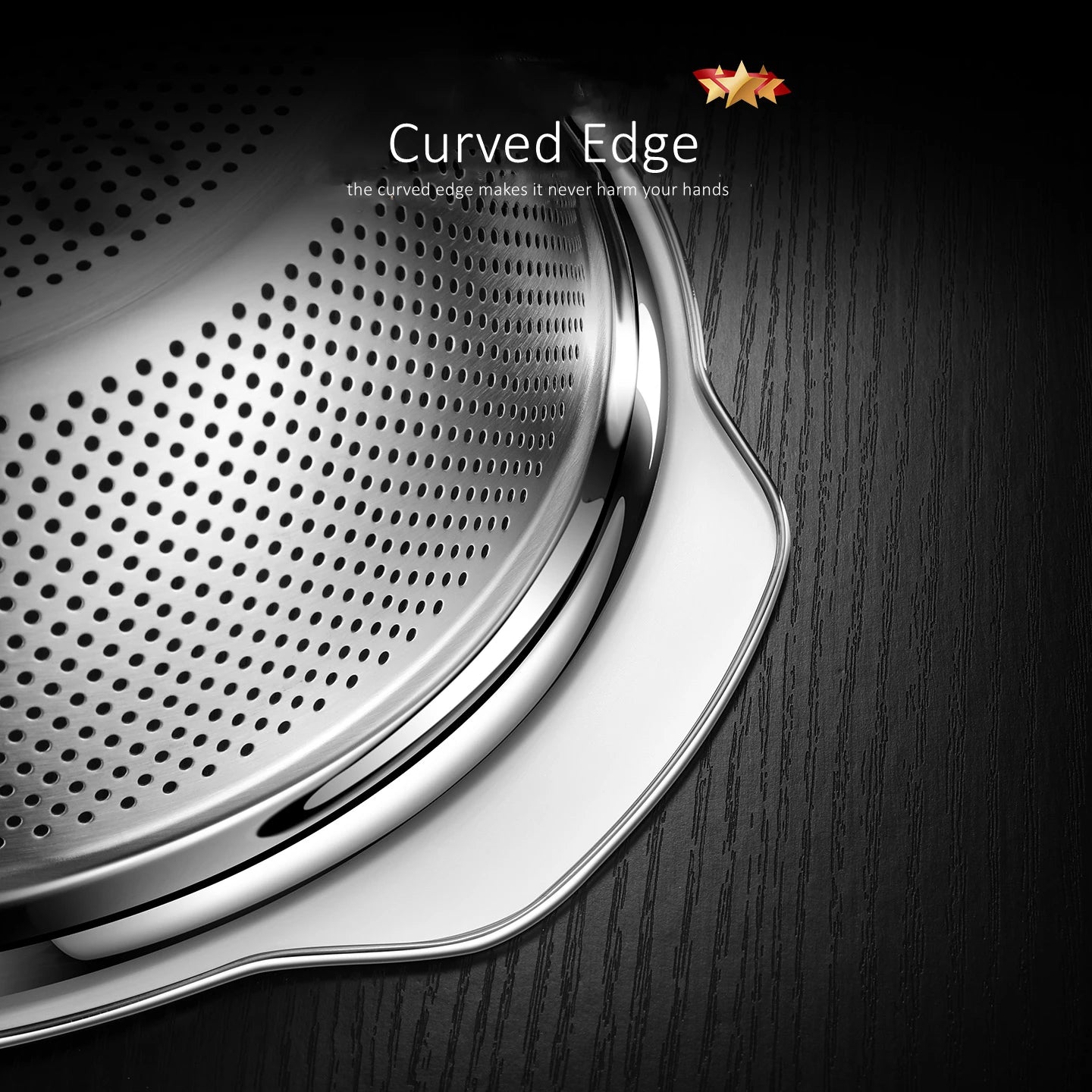 LFGB Certification Kitchen Fruit Vegetable and Rice Washing Basin 23~31cm Diameter Dense Drainage Hole Colander with Side Handle