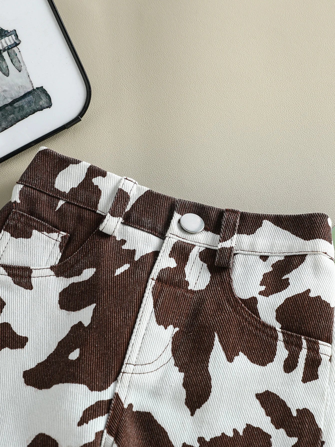 New Classic Black & White Cow Print Denim Pants with Button Waist & Pockets, Breathable & Comfortable for Baby Girls' Daily & Ca
