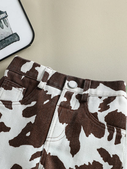 New Classic Black & White Cow Print Denim Pants with Button Waist & Pockets, Breathable & Comfortable for Baby Girls' Daily & Ca