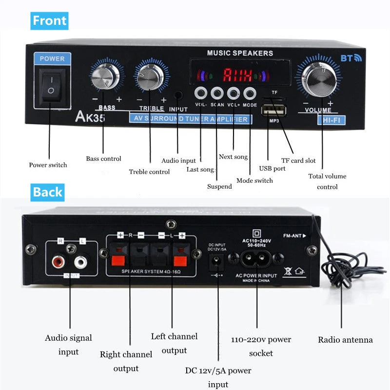 AK35/AV-660BT Audio Power Amplifiers 2 Channel Bluetooth-Compatible HIFI Sound Amplificador 110/220V Home Theater Sound System