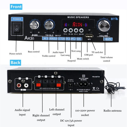 AK35/AV-660BT Audio Power Amplifiers 2 Channel Bluetooth-Compatible HIFI Sound Amplificador 110/220V Home Theater Sound System
