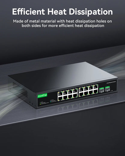 GoodTop 16 Port 2.5G Ethernet Switch with 2 Port 10G SFP+ Network Switch 120G Bandwidth Unmanaged Networking Home Lab Switch