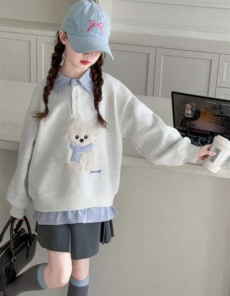 Sweatshirt Girls' 2025 New Faux Two-Piece Polo Hoodie Spring/Autumn Kids Medium-Large Loose Fit Cartoon Puppy Top