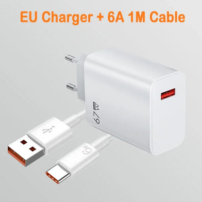 EU US UK Plug 67W 6A USB Fast Charger For Xiaomi 10T 11 12 Lite 13T Redmi Note 10 11T 12 13 POCO X4 X5 F5 Type C Charging Cable