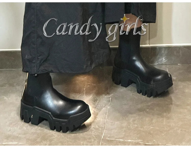 Retro Chelsea Mid-Calf for Women 2024 New round Toe Muffin Gear Platform Black Mid-Calf Length Motorcycle Boots