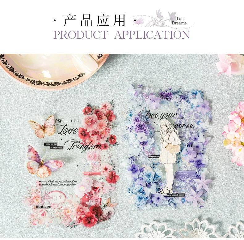 Mr. Paper 1 Roll Lace Flower PET Tape Home Decoration for Scrapbook Frame Phone Case Notebook Phone Case Collage Sticker Gifts