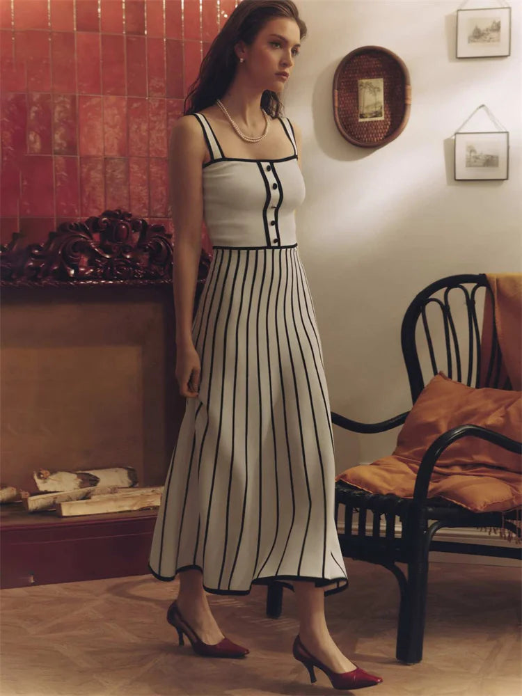 Tossy Striped Knit Backless Maxi Dress Women Slim Contrast Strapless Fashion Elegant Party Dress 2024 Knitwear Female Long Dress