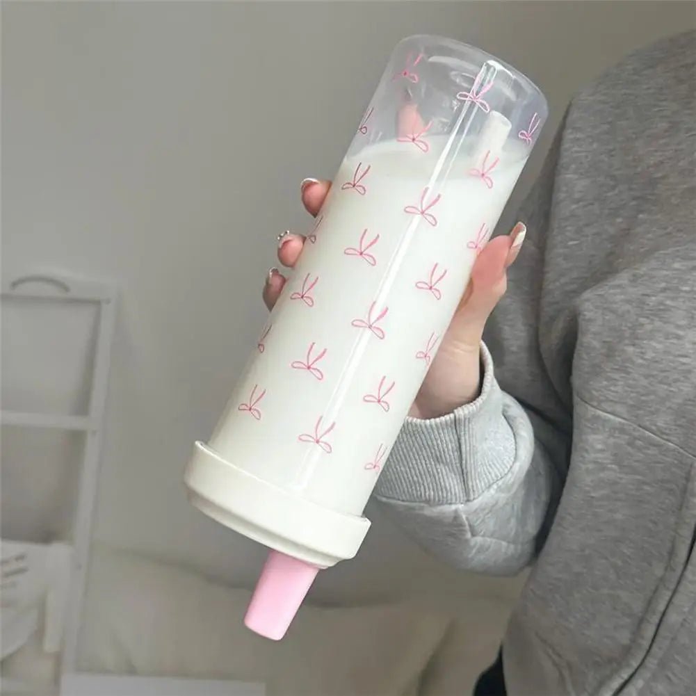 Cute Pink Bow Straw Water Bottle Fashionable Travel Safe Odorless Large-capacity Portable Water Bottle For Travel