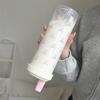 Cute Pink Bow Straw Water Bottle Fashionable Travel Safe Odorless Large-capacity Portable Water Bottle For Travel