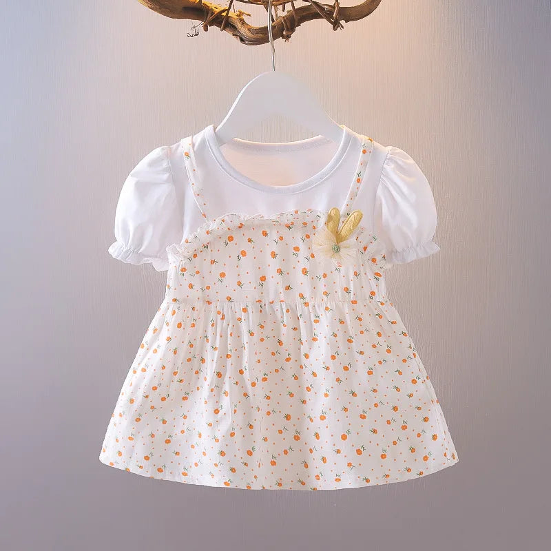 Summer New Style Baby Girls Dress Short Sleeve Flower Fake Two-Piece Shoulder Strap Dress Cute Princess Wedding Party Costume