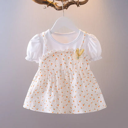 Summer New Style Baby Girls Dress Short Sleeve Flower Fake Two-Piece Shoulder Strap Dress Cute Princess Wedding Party Costume