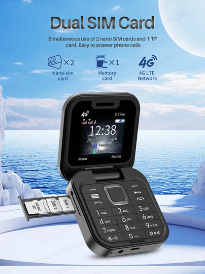 SERVO i16 PRO 4G LTE Mini Flip Mobile Phone Dual SIM Standby Call Recording Speed Dial FM Radio 1.77" Screen Foldable Cellphones