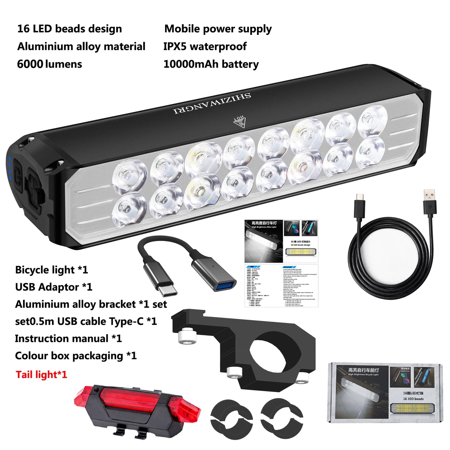 Bicycle Light Front 5200LM LED Light for Bicycle 8000mAh Mountain Cycle Headlight Lamp MTB Bike Light USB Flashlight Super Brigh
