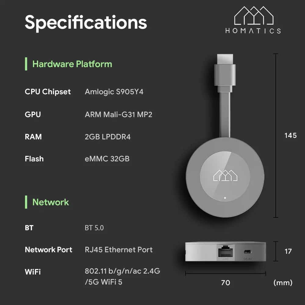 HOMATICS Dongle G 4K Google & Netflix Certified TV Stick 2GB 32GB Google TV 11 OS Amlogic S905Y4 Support AV1 4K H.265 Dolby Atmo