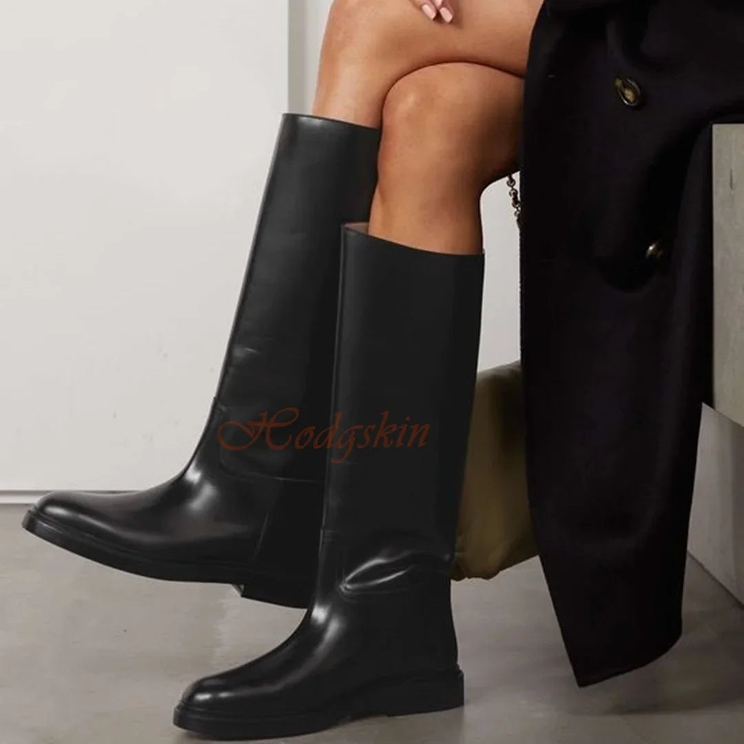 Genuine Leather Casual Boots Round Toe Chunky Med Heels Solid Slip On Trouser Boots Knee High Autumn Women Sexy Luxury Shoes
