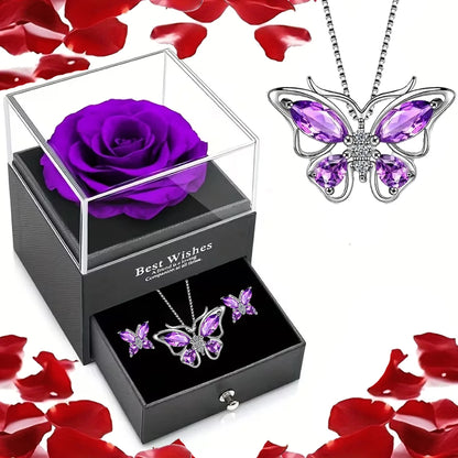 Red Rose Flower Gift Box with Heart-Shaped Lucky Stone Pendant Necklace,for Mom, Wife - Mother's Day, Valentine's Day, Birthday