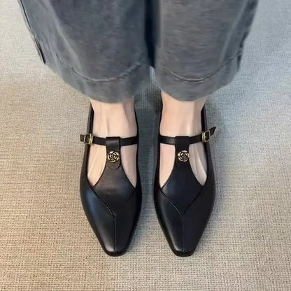 Ladies Black Leather Mary Jane Flats with Metal Rose T-Strap Slip On Casual Ballet Shoes Women's Comfortable Flats
