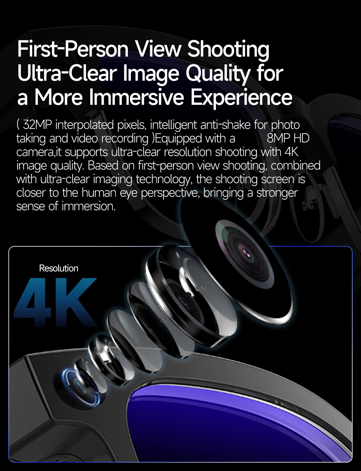 Lunettes intelligentes avec traduction IA, caméra HD 8 mégapixels, stabilisation optique de l'image, double microphone et réduction du bruit.