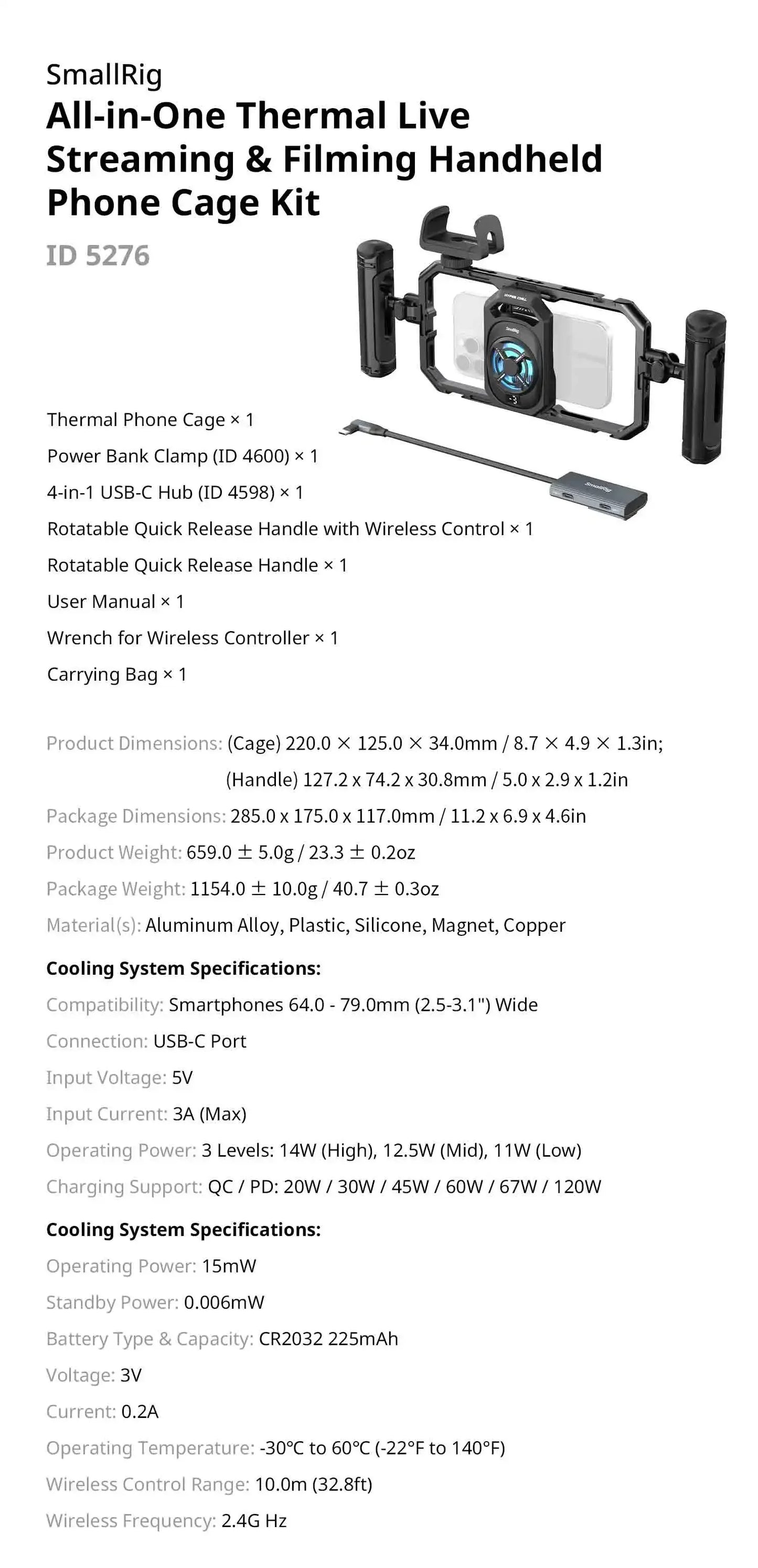 SmallRig Universal Cooling Mobile Phone Cage for iPhone 17 16/Android Smartphones w 2-in-1 USB-C Audio Adapter Power Bank Holder