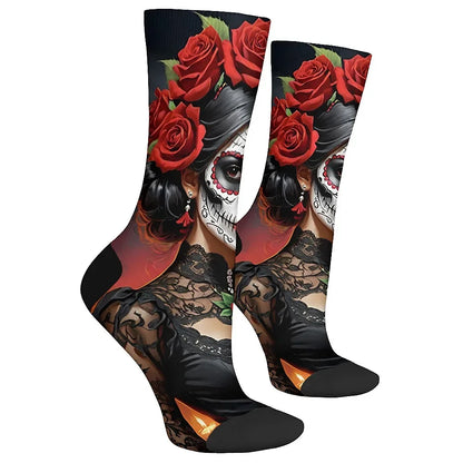 Mens Art Day of the Dead Themed Socks Mexican Grim Reaper Vintage Floral Design Soft Breathable Crew Socks Novelty Holiday Gift