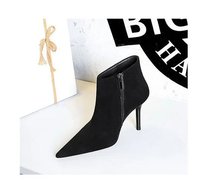 BIGTREE Shoes Suede Ankle Boots For Women Heels Winter Boots Pointed Stilettos High-heeled Boots Side Zipper Black Short Boots