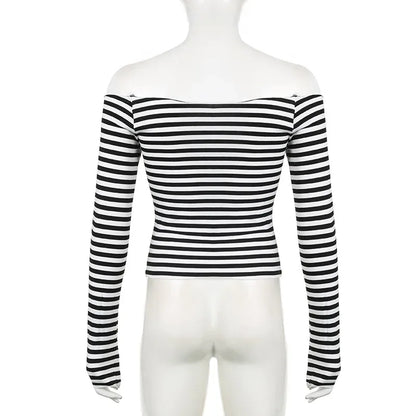 Autumn sexy off shoulder long sleeved black white contrasting color stripes slash neck T-shirt