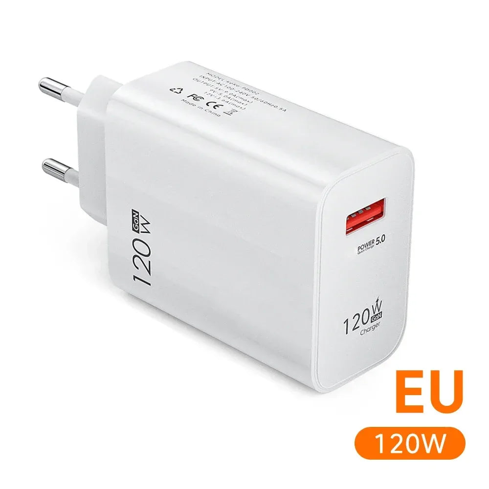 USB GaN 120W Charger Quick Charge 3.0 EU/US Plug Phone Charger Adapter Type C Wire For iPhone Samsung Xiaomi Huawei Fast Charger