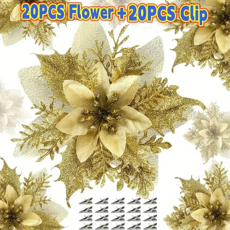 40PCS Artificial Glitter Christmas Flowers with Clips for Xmas Tree Ornament Fake Flower Floral New Year Party Home Decoration