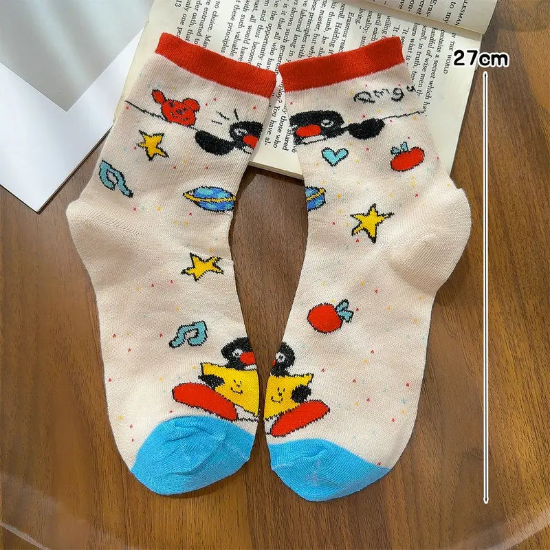 1/2Pairs Autumn and Winter Season Trendy Cartoon Cute Original Versatile Animal Colorful Pattern Simple Penguin Middle Socks