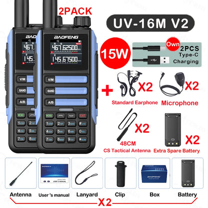 2Pack Baofeng 15W 50KM Waterproof Walkie Talkie 999CH AM FM 2-Way Radio Full Band LCD Screen Frequency Copy Noise Reduce UV16M