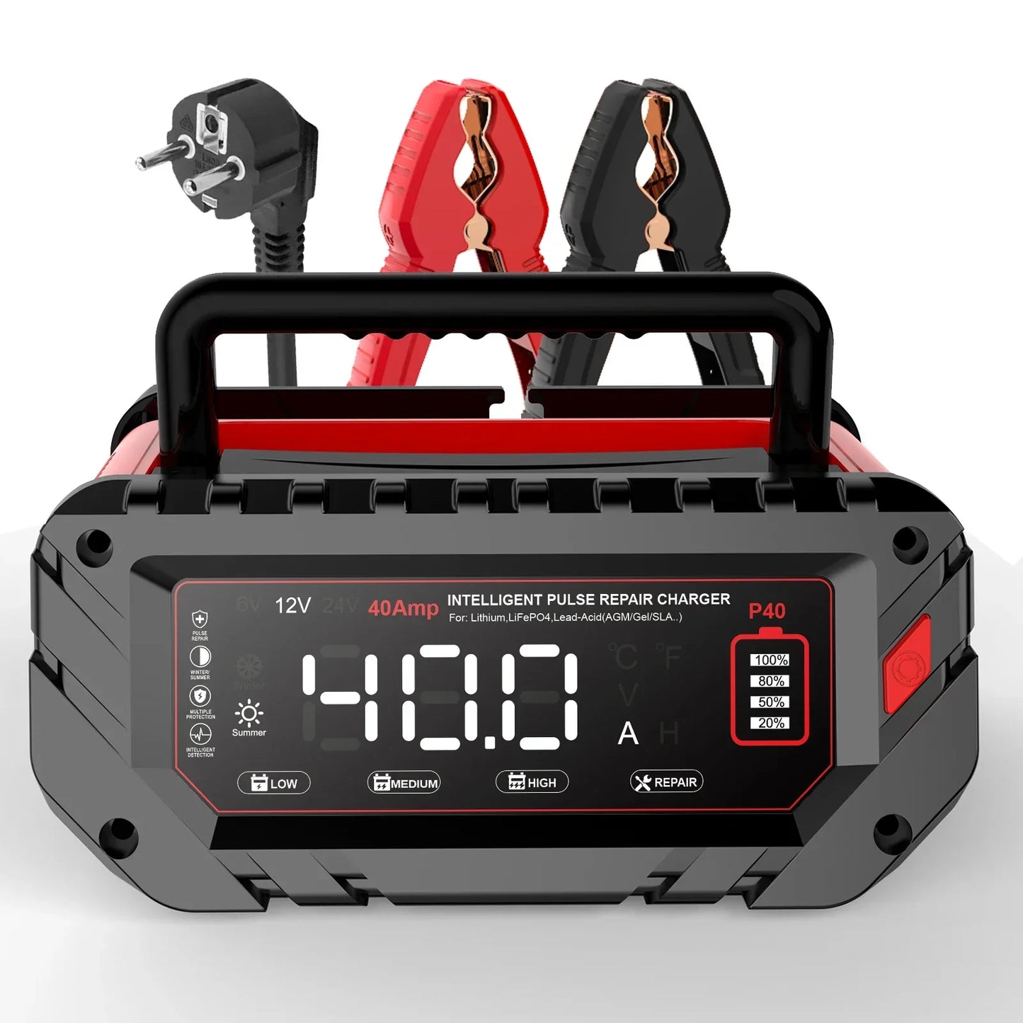 HTRC 40A Car Battery Charger 6V 12V 24V Charger for Lithium LiFePO4 Lead-acid AGM GEL Battery 9-stage Car Motorcycle Charger