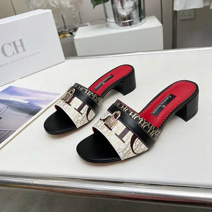 CH Brand Metal Buckle Embossed Sandals With Block Heels Open Toe Design Comfortable And Stylish Outdoor Slippers