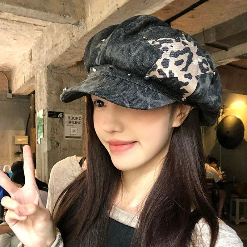 American Punk Style Rivet Star Design Octagonal Hats for Women Spring and Autumn Casual Versatile Retro Washed Denim Berets Cap