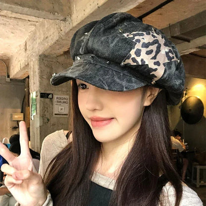 American Punk Style Rivet Star Design Octagonal Hats for Women Spring and Autumn Casual Versatile Retro Washed Denim Berets Cap