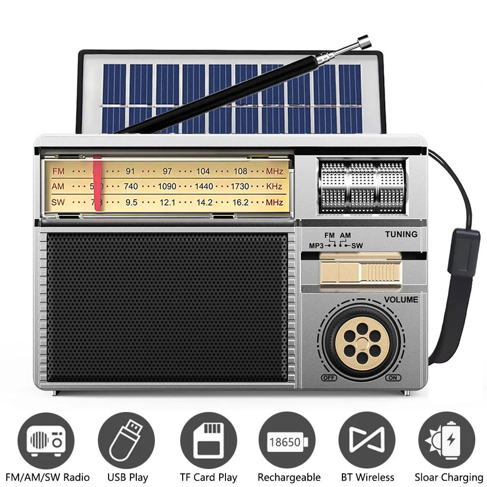 Vintage Solar AM/FM/SW Bluetooth Speaker Radio with USB/TF MP3 Player, Rechargeable Battery FM Receiver Radio for Home&Outdoor