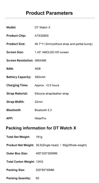 DT Watch X 4G Memory For OPPO Smart Watch Music Video Bluetooth Call IP68 Waterproof AMOLED Smartwatch For TWS Earphones 2026New
