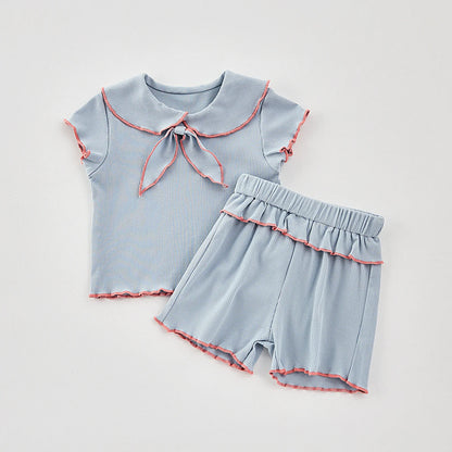 Summer baby girls 2-piece doll neck bow short sleeve top + shorts casual suit